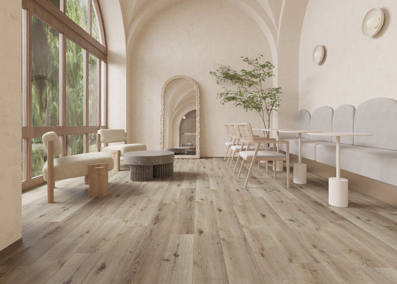 Wood-look luxury vinyl plank in a hospitality lounge